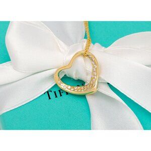 Tiffany & Co. Elsa Peretti 18K Gold Diamond Open Heart Necklace 29 Diamonds 16"